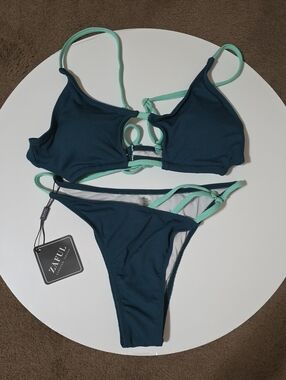 Zaful Teal & Mint Ribbed Strappy Bikini Set